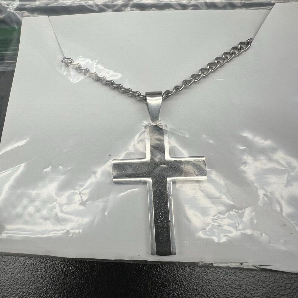 Cross Necklace- Black & Silver Tone 24” Chain- Lobster Claw Clasp